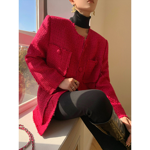 wangxo玫红色设计感小香风外套，女2023年冬季时尚显瘦百搭呢子大衣