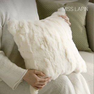 澜品 自愈 奶白色兔毛抱枕米色真牛皮靠垫别墅样板房靠包沙发方枕