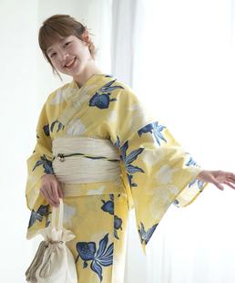 日单浴衣日本传统款和服YUKATA棉布质地 少女女士 黄色系蓝白金鱼