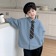 男童衬衫春季儿童童装衬衣，韩版领带学院风，蓝色男宝宝表演上衣
