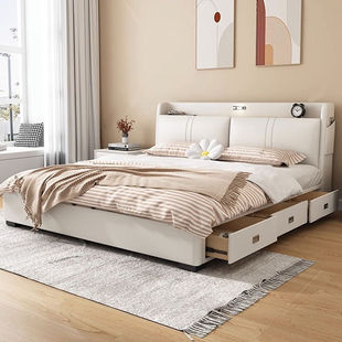 真皮床现代简约高端大气主卧室，大床多功能储物软包床婚床实木皮床
