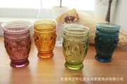 美式复古雕花玻璃杯创意zakka玻璃，水杯色料玻璃，雕花珍珠杯子