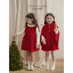 sonnykids女童冬季红色羊毛，背心裙斗篷两件套高级礼服花边无袖裙