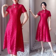 夏季高端红色蕾丝婚宴妈妈装旗袍连衣裙小个子，喜婆婆中年礼服修身