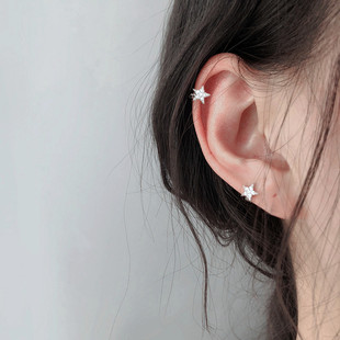 迷你五角星耳骨有耳洞，耳扣s925纯银镀白金，小巧耳圈简约精致耳环女