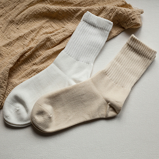 袜子女秋冬中筒袜日系纯色，长袜米色白色宽罗口，月子袜中长款棉袜