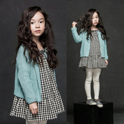韩国童装女童春秋季英伦，风学院黑白格子，长袖连衣裙儿童棉麻娃娃裙