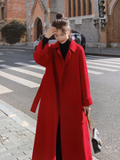红色呢子大衣女中长款过膝秋冬季韩系高级感毛呢西装外套
