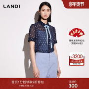 LANDI蓝地系带网纱短袖波点印花衬衫女2023年夏季雪纺上衣