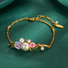 原创时尚珐琅彩釉镶钻水晶珍珠，渐变粉紫色，玫瑰花朵可调节手链