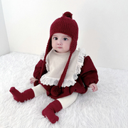 韩版童装秋冬加厚灯芯绒，夹棉红色婴儿，连体衣宝宝三角爬服包屁衣