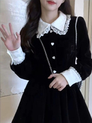 法式赫本娃娃领黑色短款连衣裙女2023春季蕾丝拼接设计收腰蓬蓬裙
