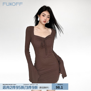 funoff辣妹棕色鱼骨，束腰喇叭长袖连衣裙，绑带胸型性感修身包臀裙