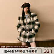 7Shiftin原创设计高级感棕色格子外套秋冬学院风长款毛呢大衣