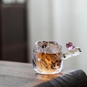 水晶玻璃品茗杯小鸟侧把杯，耐热茶杯主人杯，手工锤纹透明家用茶杯