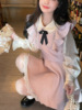 秋季套装甜美粉色蕾丝小香风背带，连衣裙显瘦短裙+娃娃领长袖衬衫