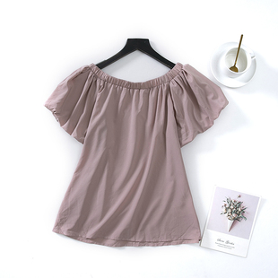E30-1夏季女装松紧一字领宽松上衣甜美灯笼袖短袖纯色衬衫