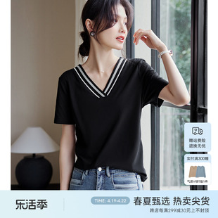 xwi欣未v领织带，设计短袖t恤女2024夏季优雅气质黑色半袖上衣