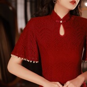 贝之韵2024春季季红色(季，红色)蕾丝旗袍，气质优雅年轻款公司年会晚礼服
