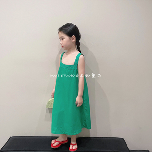 木西童品2024夏韩国(夏韩国)版女童森系绿色蕾丝花边吊带长裙背心连衣裙