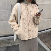 韩国秋冬小外套chic泡泡袖可爱短款粗复古棒针麻花很仙的毛衣开衫