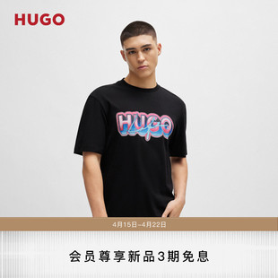 hugoboss雨果博斯男士2024夏季徽标，图案装饰棉质平纹短袖t恤