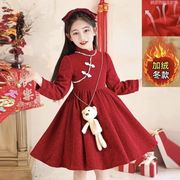 女童连衣裙秋冬韩版洋气，儿童红色裙子加绒加厚女孩，新年服冬装