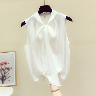 法式蝴蝶结系带，白色无袖雪纺，衬衫