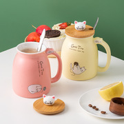 可爱卡通猫咪陶瓷杯家用带盖勺容量，马克杯咖啡日式创意杯情侣对杯