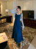 uu安娜大码女装法式气质，高级感纯欲设计感吊带蓝色连衣裙收腰显瘦