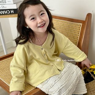 女童嫩黄色毛边外套2024春季韩版洋气女孩甜美纯色长袖外套潮