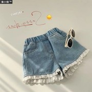 女童花边蕾丝牛仔短裤2023夏装，宝宝可爱甜美女孩洋气薄款裤子