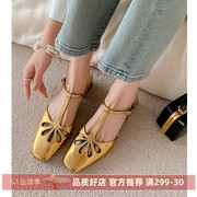 kmeizu巨显白~羊皮镂空凉鞋，女夏季花朵金银，一字扣带粗跟玛丽珍鞋