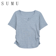宿慕SUMU小雨女装纯棉短袖T恤女夏季简约修身纯色上衣19596