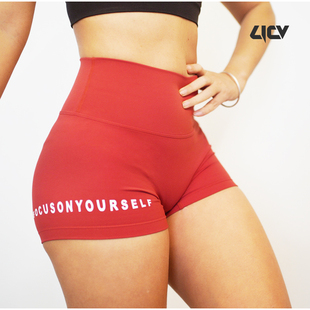 LICV健身短裤focus单排英文字3分女款弹力高腰提臀瑜伽运动短裤