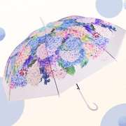 半自动雨伞女绣球花印花长柄，伞弯柄轻量纤细磨砂，透明伞学生伞
