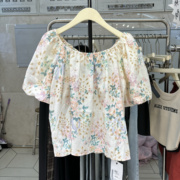 夏季印花刺绣镂空泡泡短袖衬衫女装上衣一字领绑带提花衬衣