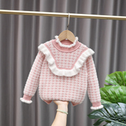 女童粉红色毛衣秋冬水貂，绒加厚貂毛套头，洋气中小儿童宝宝毛线外套