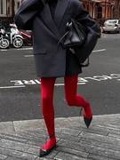 红色连裤袜女复古天鹅绒，秋冬打底裤外穿显瘦本命年紧身塑形打底袜