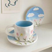 春天蓝天白云 插画风陶瓷杯碟 咖啡杯碟杯子 ins韩国高级设计感