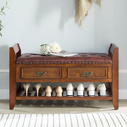 美式实木换鞋凳入户家用欧式橡木鞋柜真皮收纳床尾凳门口储物鞋架