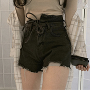 VIN定制 夏季系带水洗牛仔裤做旧破洞直筒短裤热裤