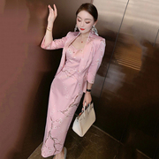 中国风春季套装女小西装外套，中长款打底裙，吊带裙修身气质减龄洋气