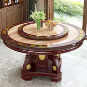 德四方大理石餐桌椅圆形，圆桌带转盘实木大理石，圆餐桌欧式餐桌椅组