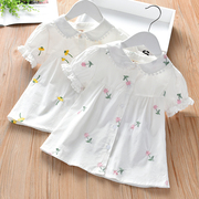 女童短袖衬衫夏2021夏装韩版童装，儿童棉麻白衬衣女宝宝洋气上衣衫