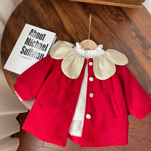韩版喜庆淑女可爱款衣服女童宝宝，花瓣荷叶领加绒，红色大衣新年外套