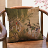 清游图新中式古典人物装饰靠垫，古风仕女图抱枕办公室茶室靠枕含芯