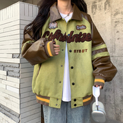 美式vintage棒球服外套女2023春秋季设计感小众拼接皮袖夹克