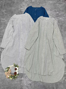 日单长袖细条纹连衣裙，女2024春季甜美立领，纯棉宽松衬衫裙