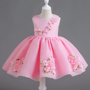 夏季公主裙粉红色女演出服，六一儿童节小童花朵，短款童无袖礼服裙公